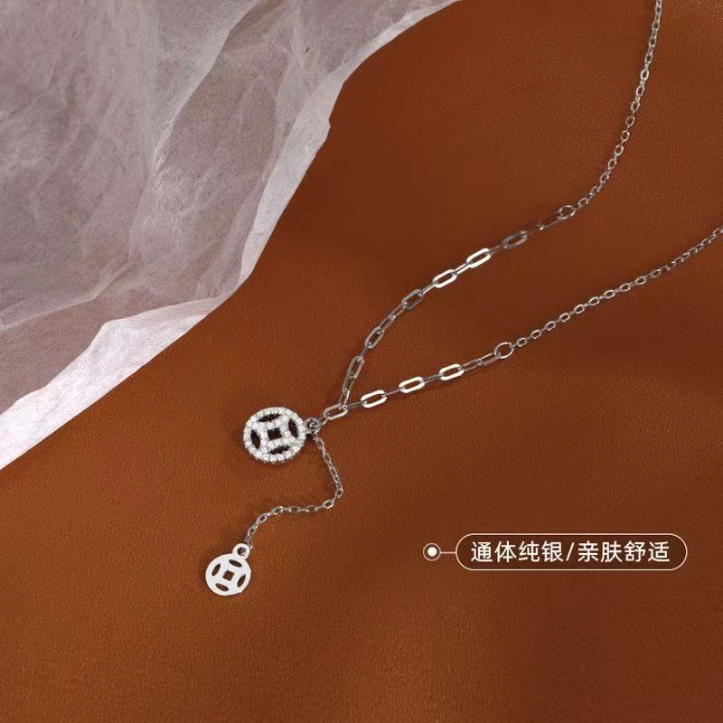 坠链均足银 S990纯银招财铜钱流苏项链配饰小众百搭饰品小众设计