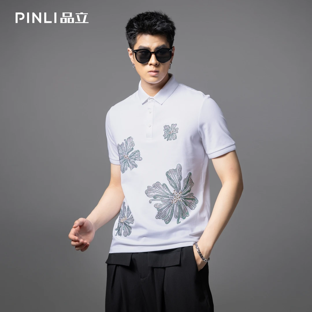 PINLI品立夏季商务休闲短袖POLO衫男烫钻修身百搭上衣BG252112091