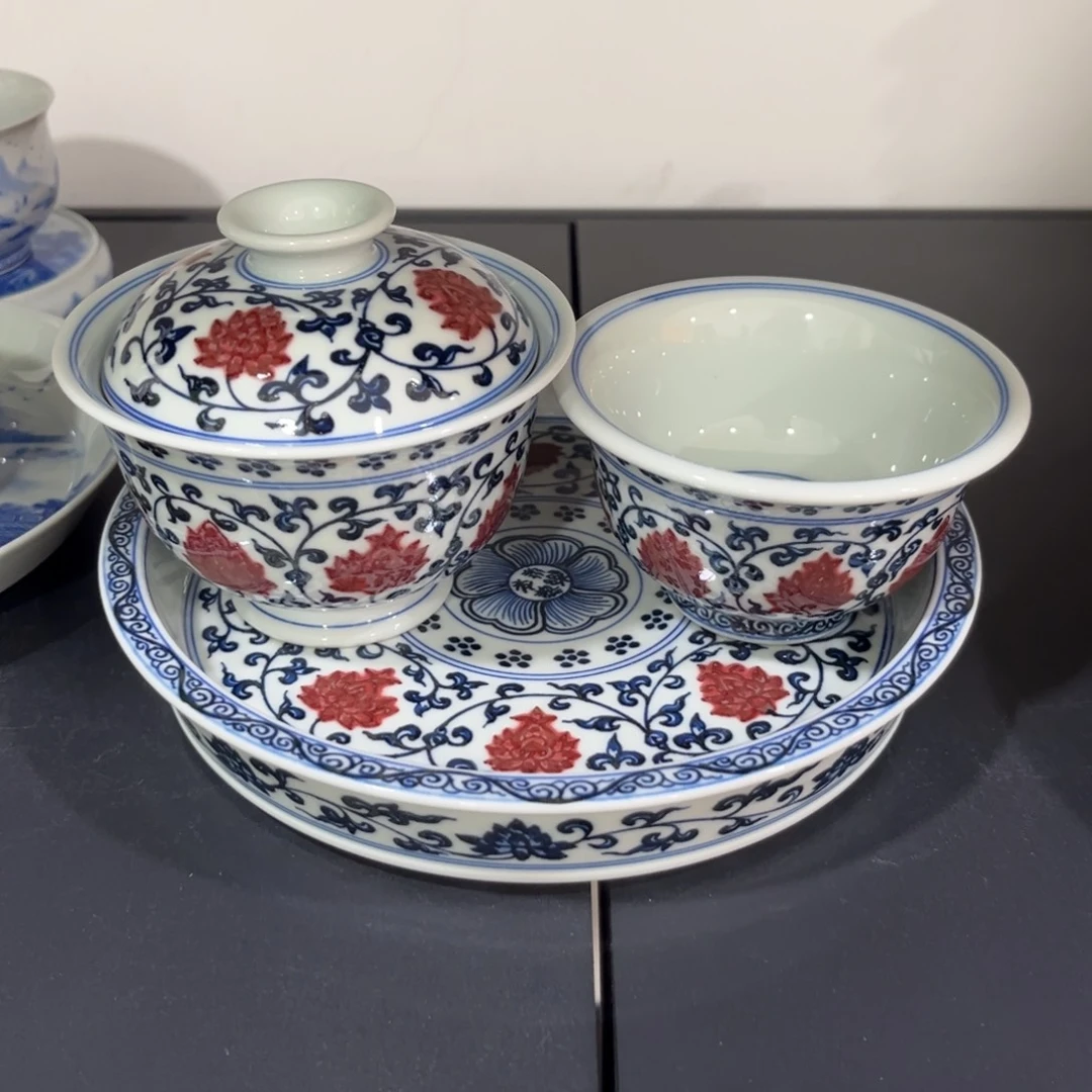 茶***途永乐青花釉里红缠枝莲三件套