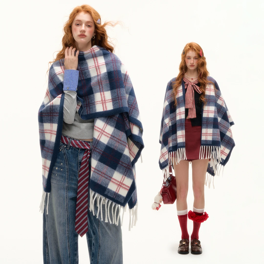 AsGony 复古格子流苏休闲披肩