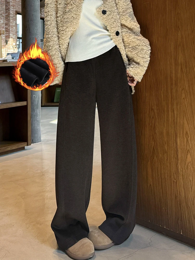 松露咖加绒羊毛弯刀休闲裤女冬季新款大码胖mm高腰宽松显瘦阔腿裤