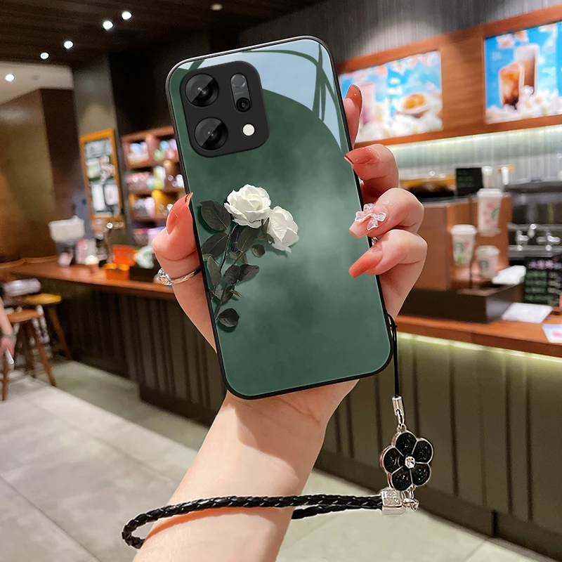 素雅花朵适用oppoReno14手机壳新款Reno14Pro女玻璃壳挂绳爆款保