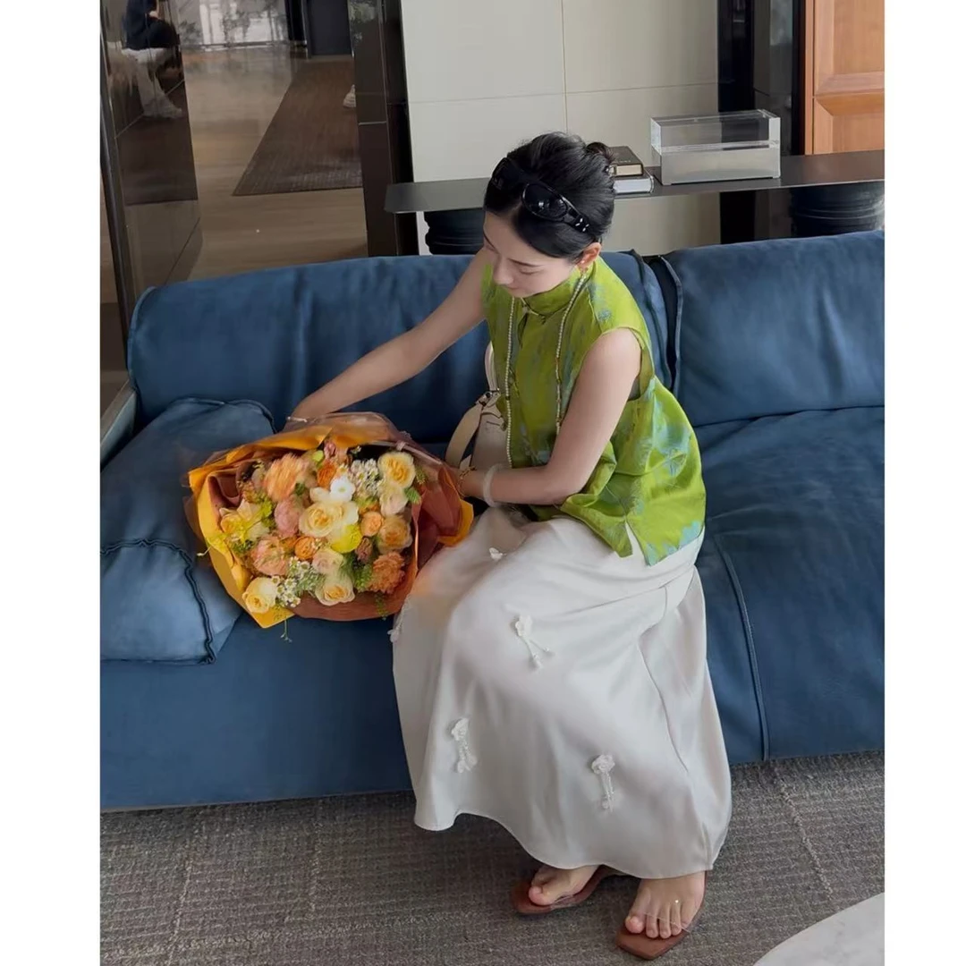 夏季重要场合名媛气质女神范醋酸缎面新中式绿色马甲连衣裙套装女