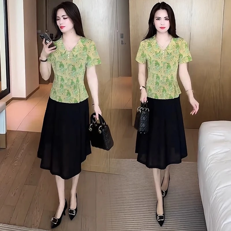 时尚连衣裙女2025夏季新款洋气气质舒适复古减龄短袖假两件裙潮