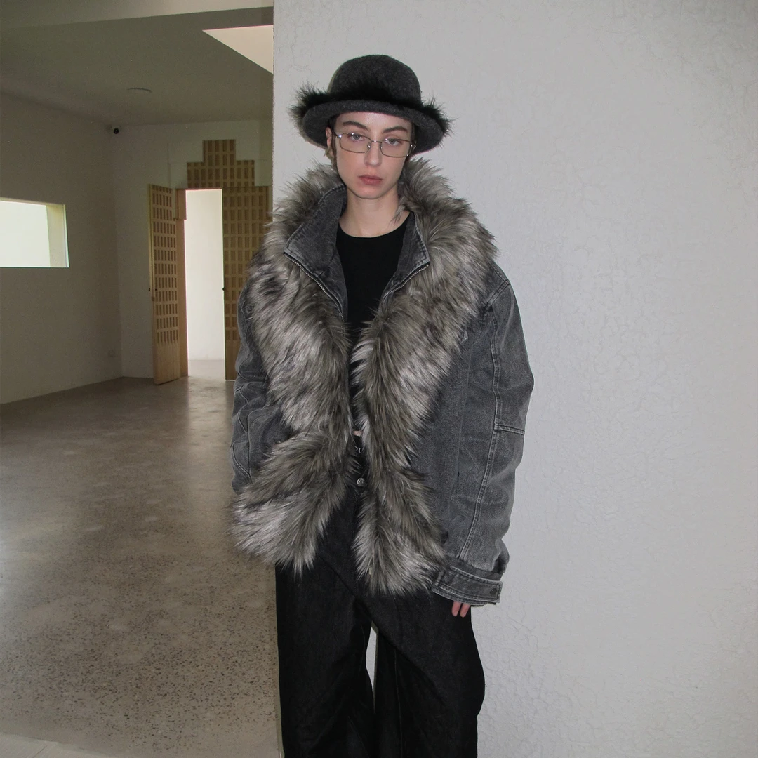 CasseSango 皮草毛毛可拆卸重磅小高领拉链牛仔水洗棉服夹克外套