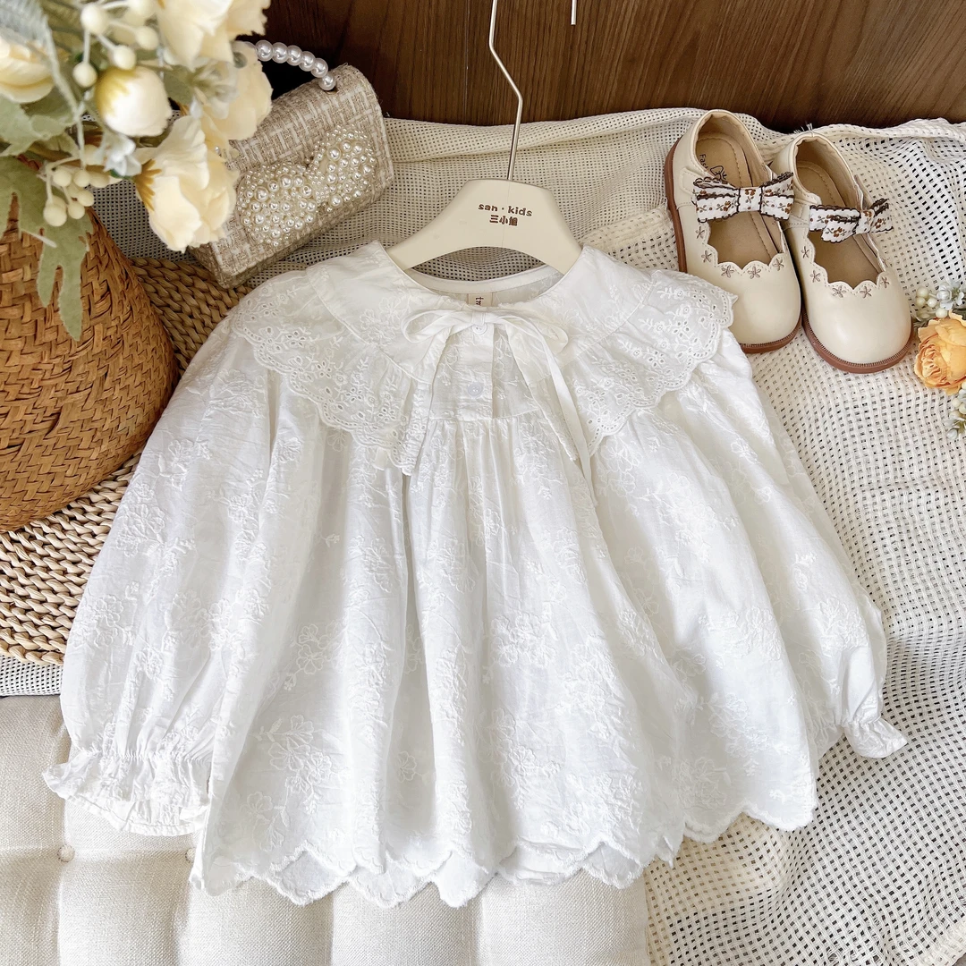 【棉布 新品】6825(米白)女童森系百搭 绣花布娃娃领 长袖娃娃衫