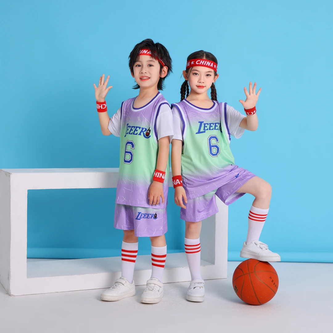 儿童球服6号冰丝运动风运动套装速干女童男表演假两件训练服蓝球