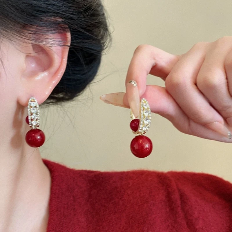 合金耳饰 红色小珠子耳环小巧精致耳钉
