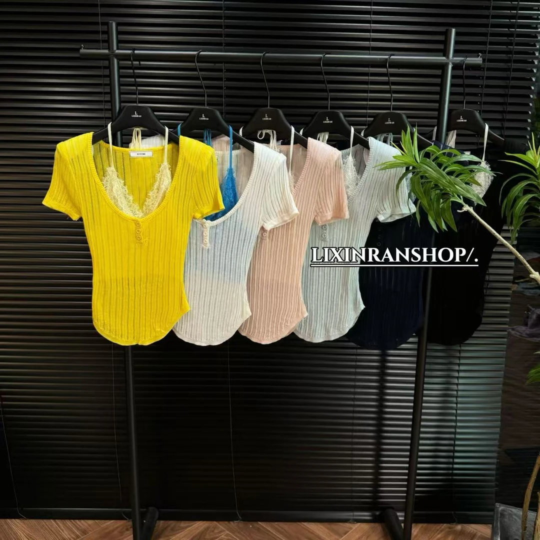 李欣然  【热辣嗲妹】  叠穿撞色蕾丝拼接纯欲辣妹针织短袖B1588