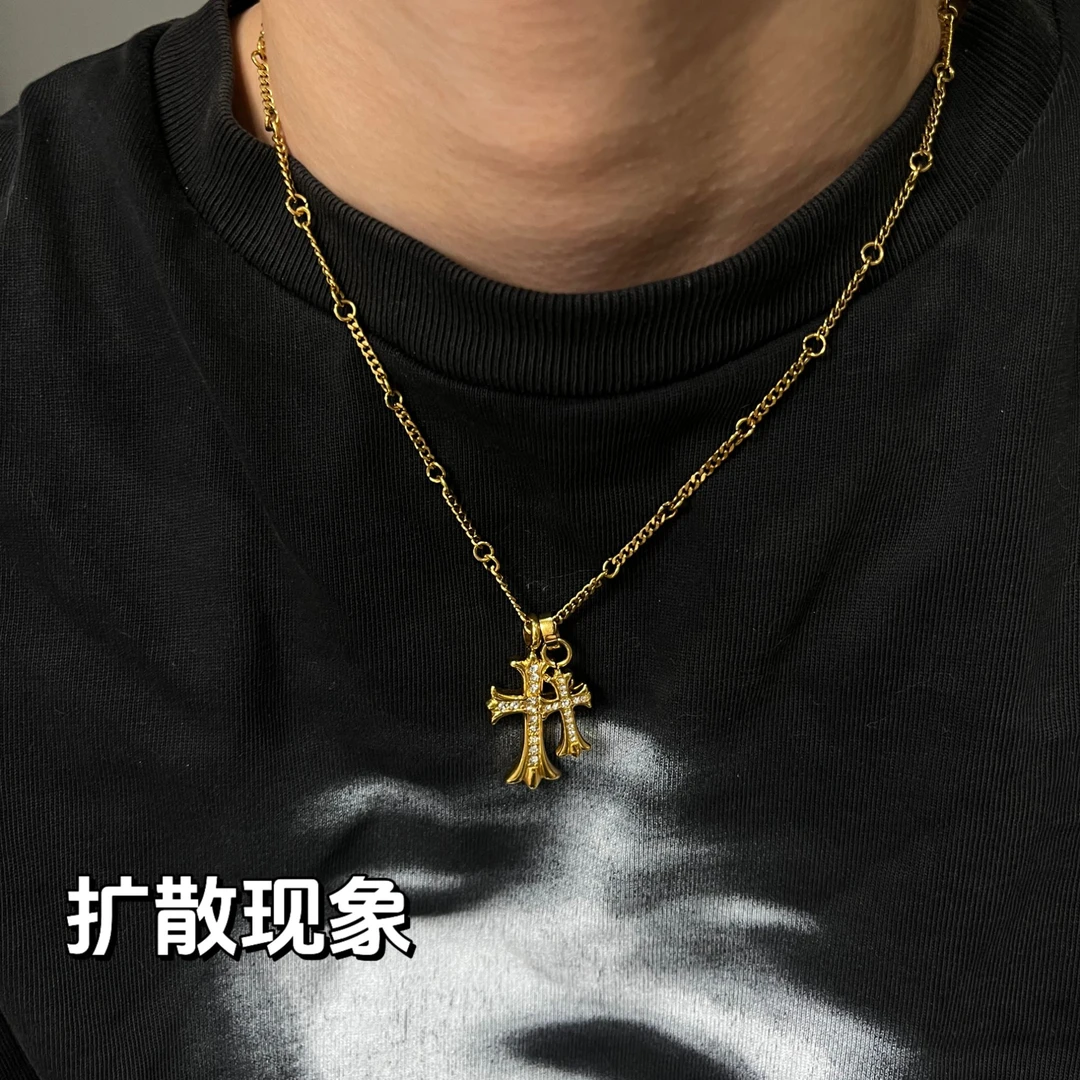 钛钢项链 双十字架项链男女潮流简约百搭高级感毛衣链小众轻奢