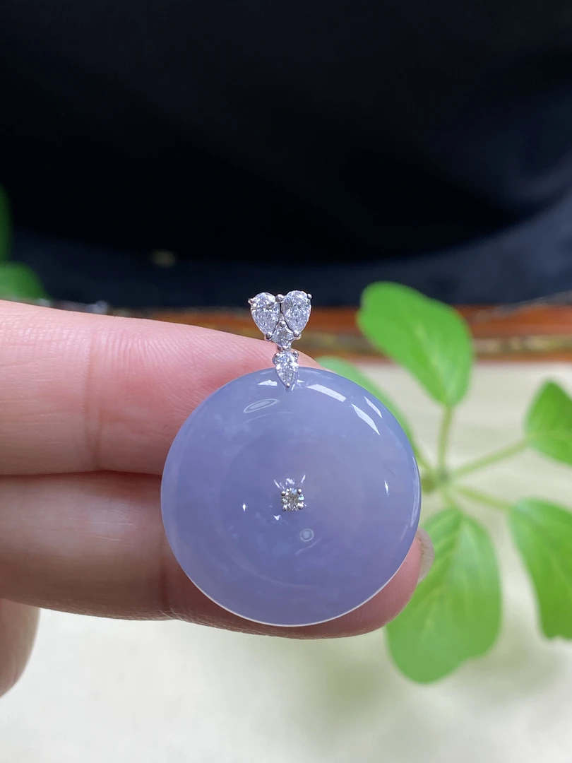天然缅甸A货冰紫翡翡平安扣 18k金镶嵌