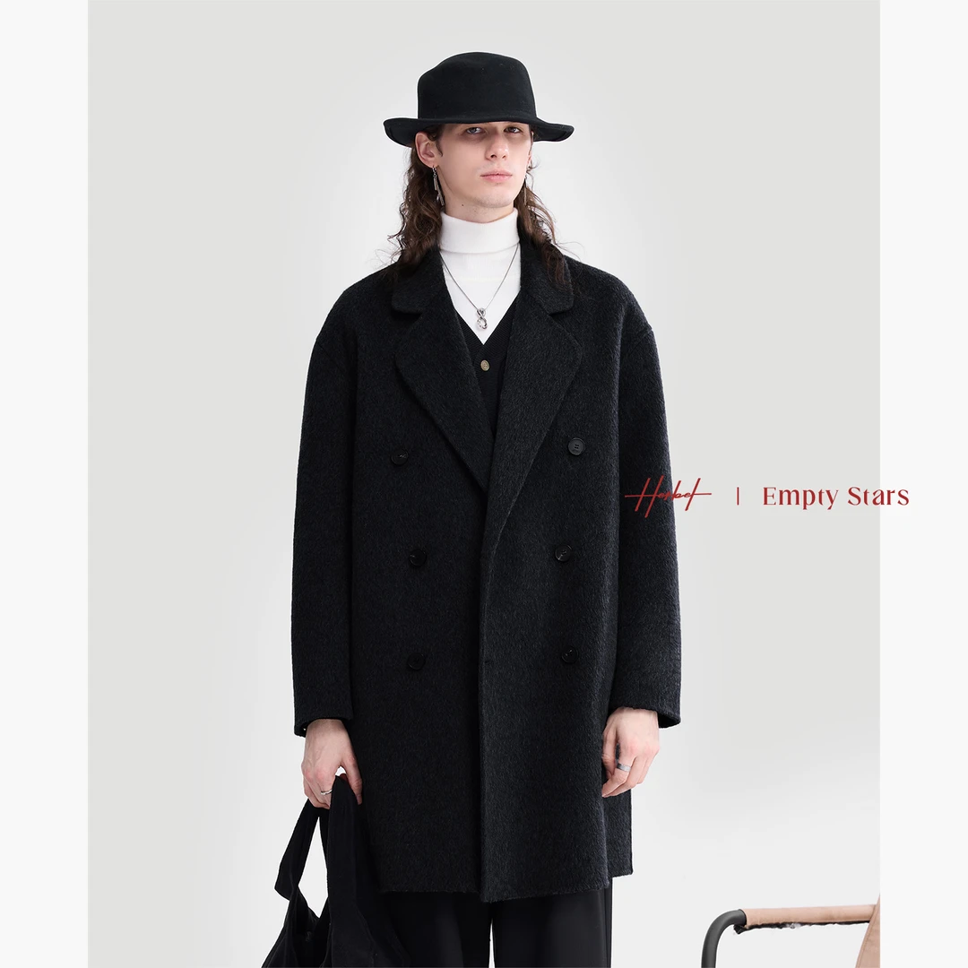 HERBEL/黑白冬季经典翻领绵羊毛呢大衣 男士中长款外套双面呢