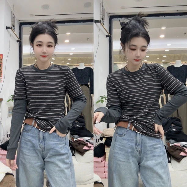 DD-条纹撞色磨毛假两件休闲衫（发货3-5）