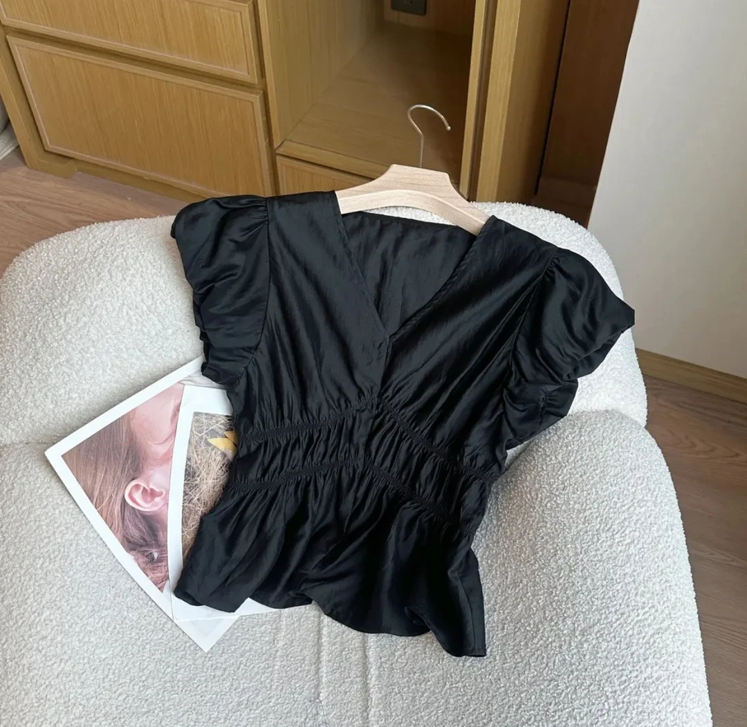 【法式定制】夏季韩版纯色褶皱收腰V领上衣+直筒高腰显瘦休闲裤套装