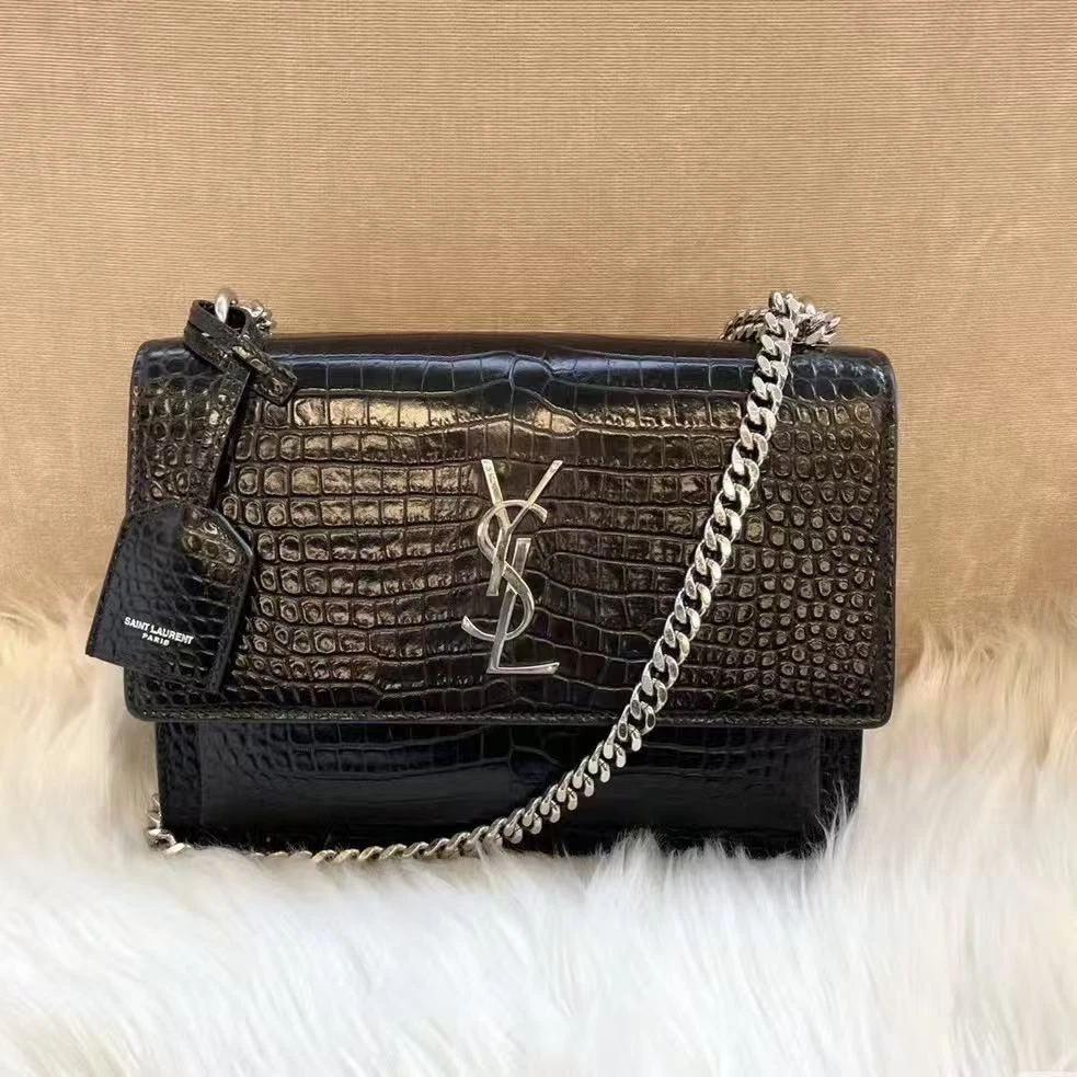 99新 YSL/圣罗兰 经典黑银中号鳄鱼压纹牛皮日落包单肩包