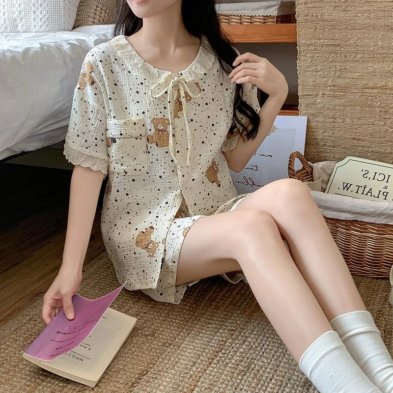 运补4-6纱皱布睡衣女花边公主风透气薄款开衫薄款双短套装家居服