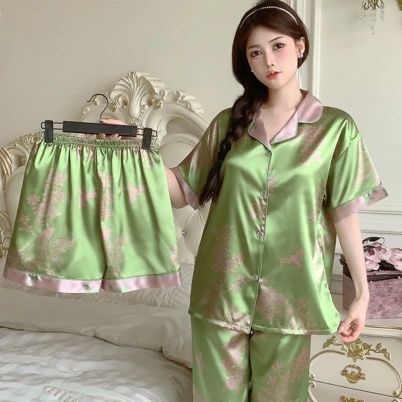 植物花卉翻领长袖长裤短裤三件套睡衣家居服套装甜美春秋季肯豆风