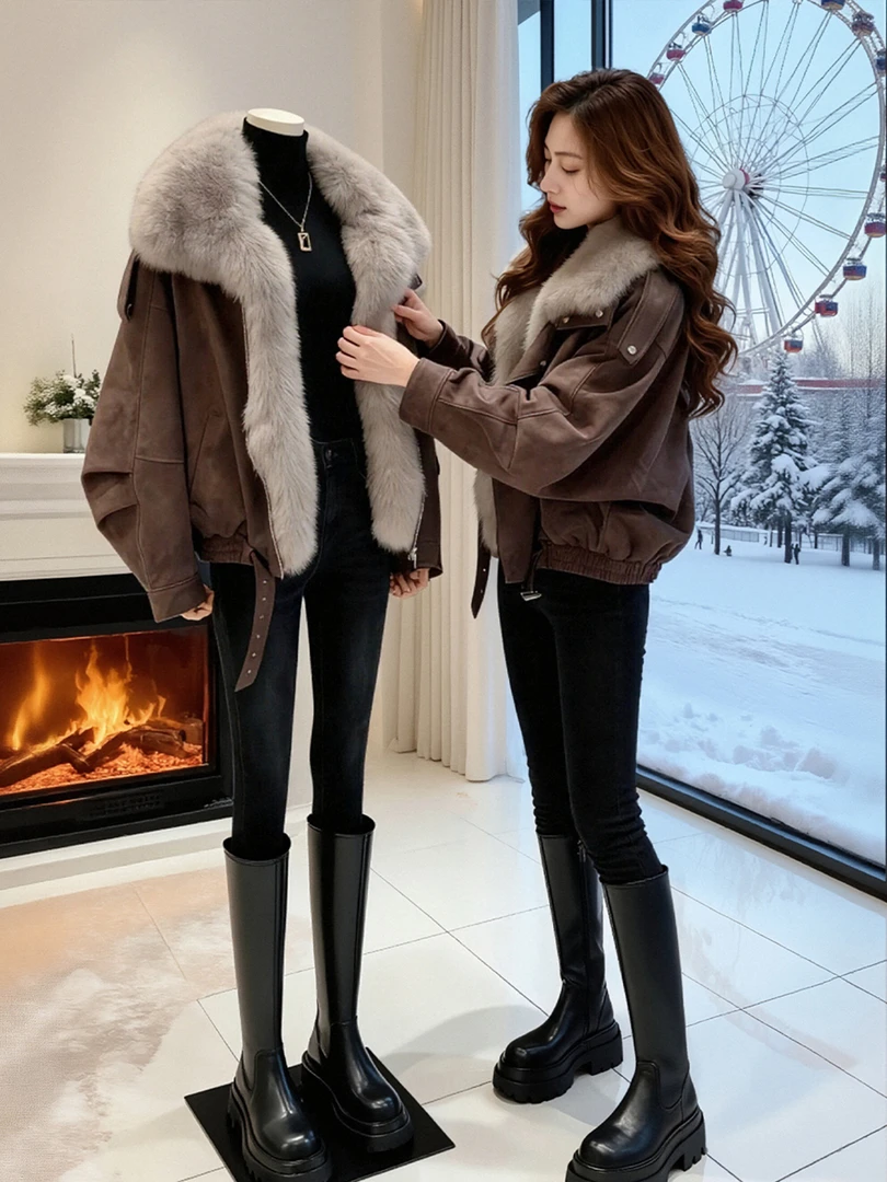 2025冬季巨好看大毛领工装派克服棉服女独特气质夹克保暖棉衣外套