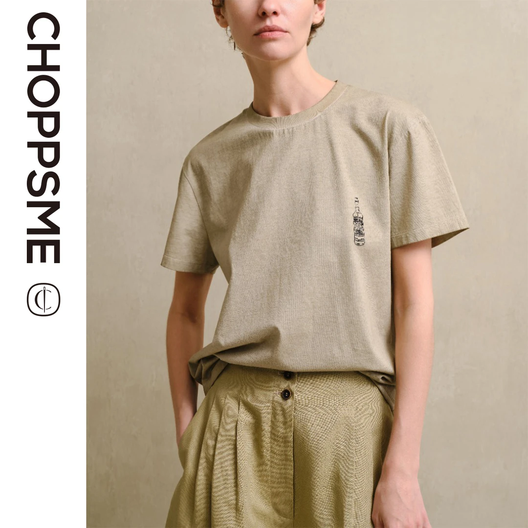 巧珀思｜12954春夏脏染做旧，小酒瓶印花小圆领休闲短袖t恤夏季宽松