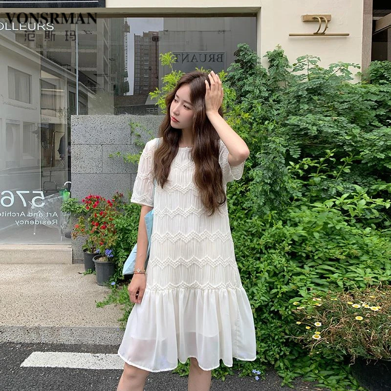 米白色肌理感巨好看拼接连衣裙女夏2025年新款小个子韩系绝美裙子