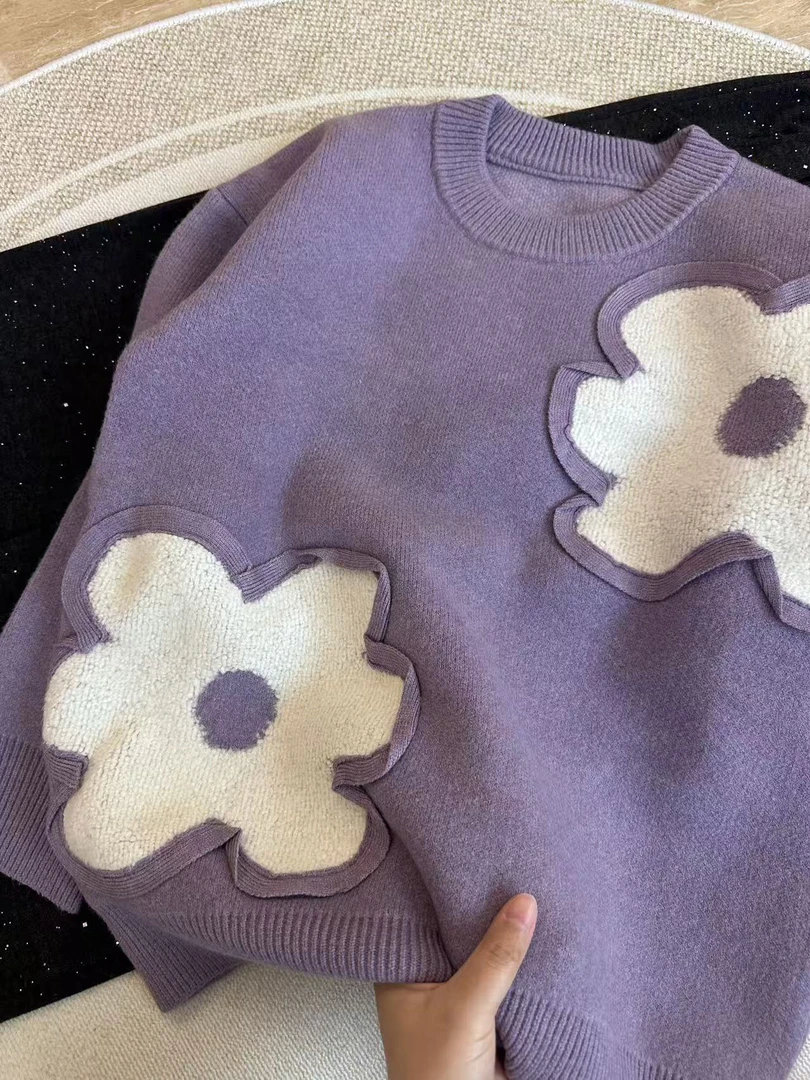 植绒花//秋冬厚款宽松显瘦气质显白软糯针织毛衣套头102923