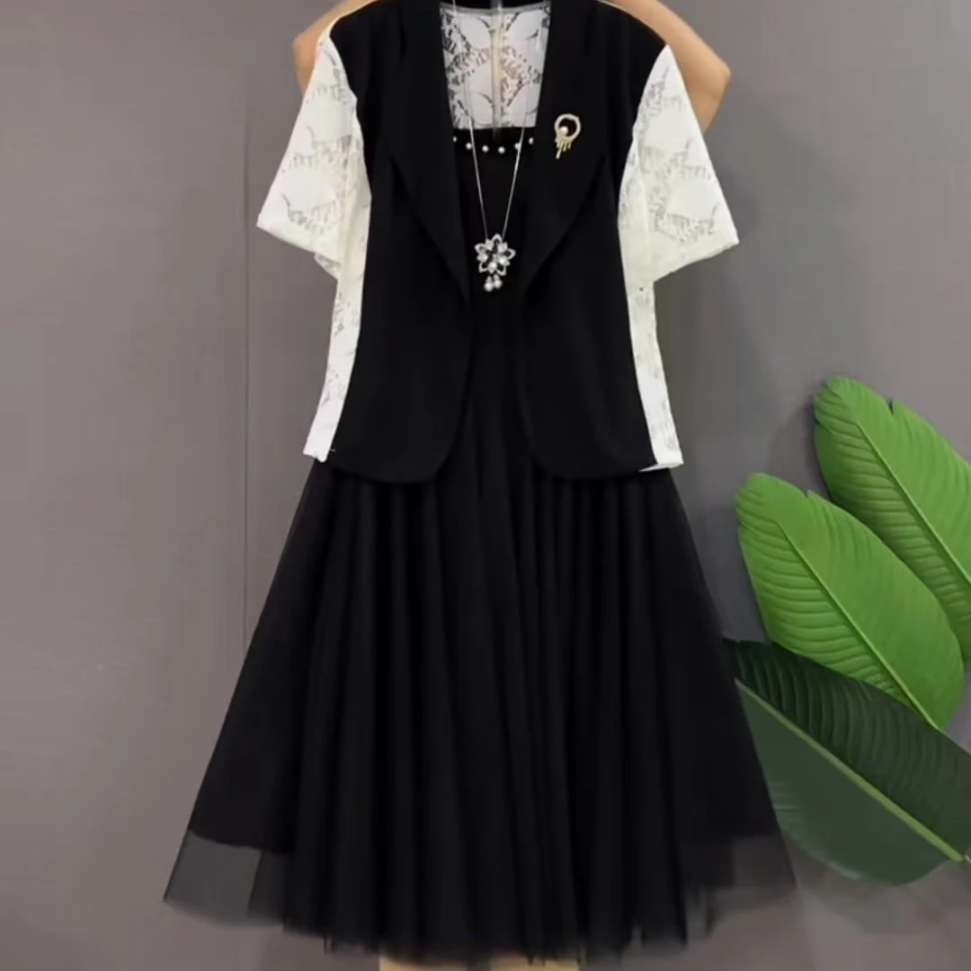 9322-2025年春季时尚气质显瘦拼接蕾丝上衣+连衣裙两件套