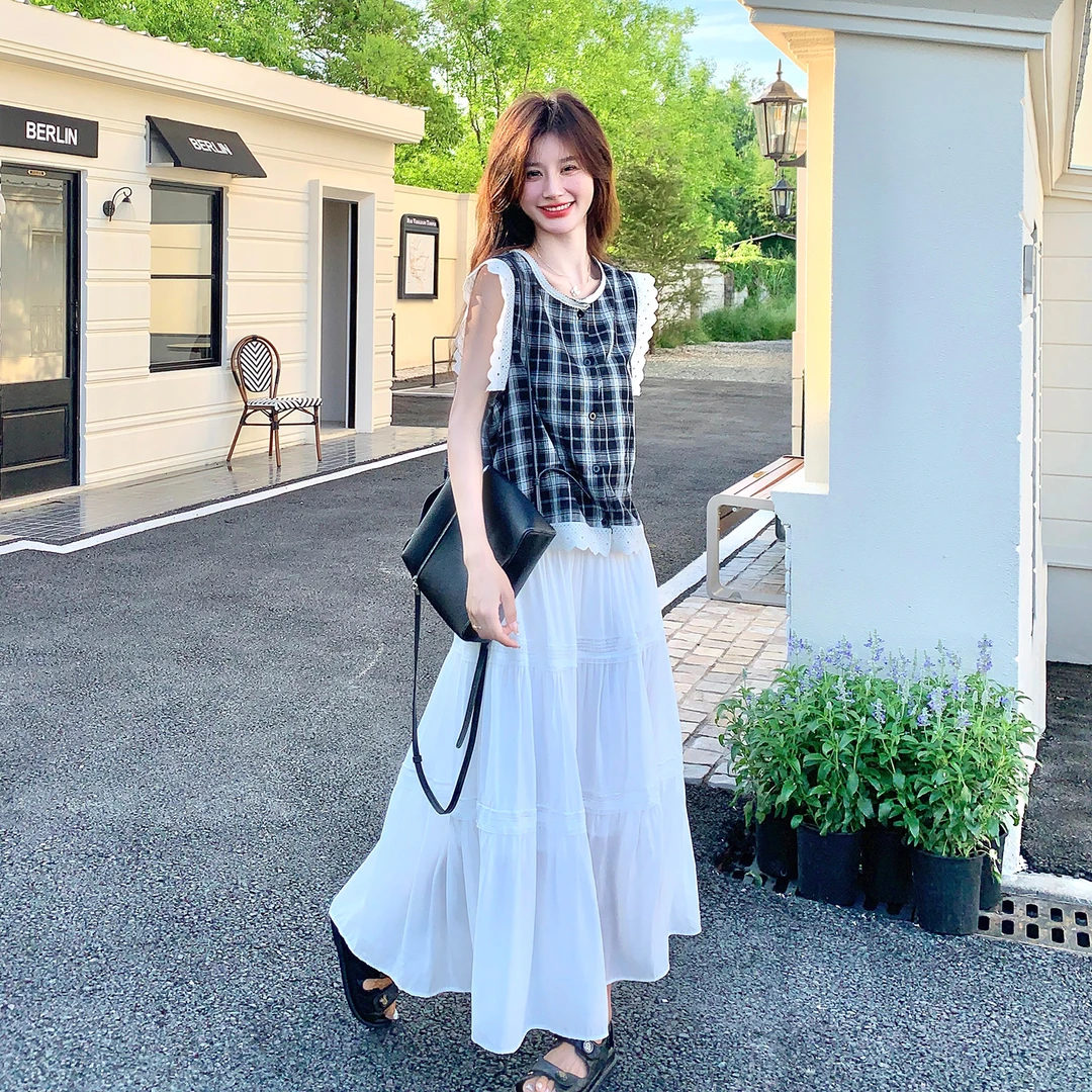 格子蕾丝花边圆领背心韩版无袖T恤夏季半身裙时尚套装2025夏季新