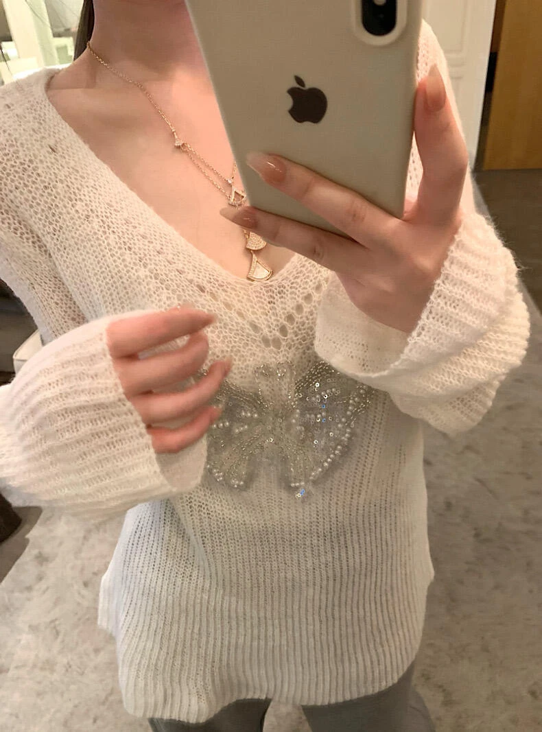 韩系温柔蝴蝶立体钉珠镂空毛针织衫春秋设计感小众慵懒毛衣