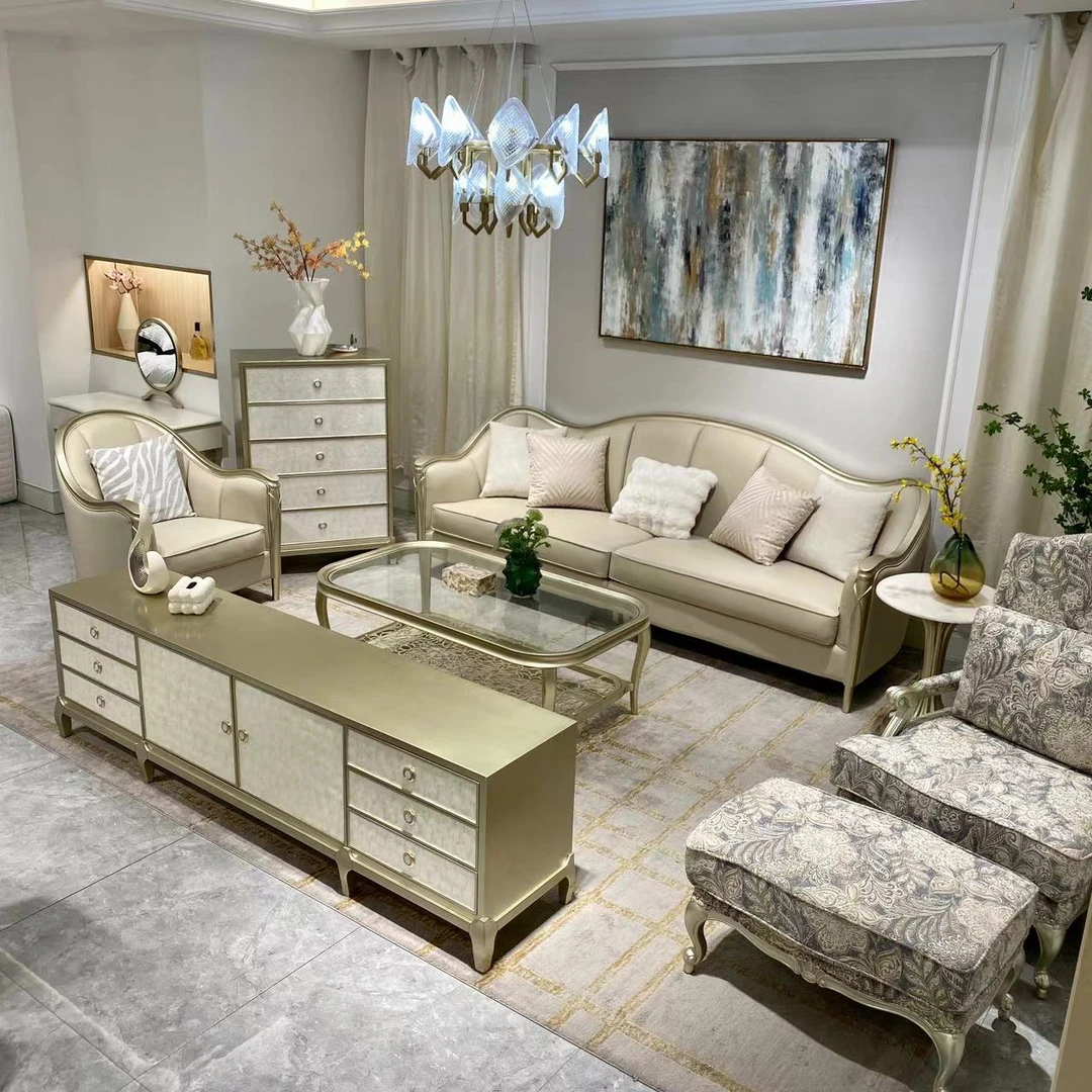 美式轻奢元宝沙发皮艺实木沙发别墅真皮沙发高档豪华上档次沙发