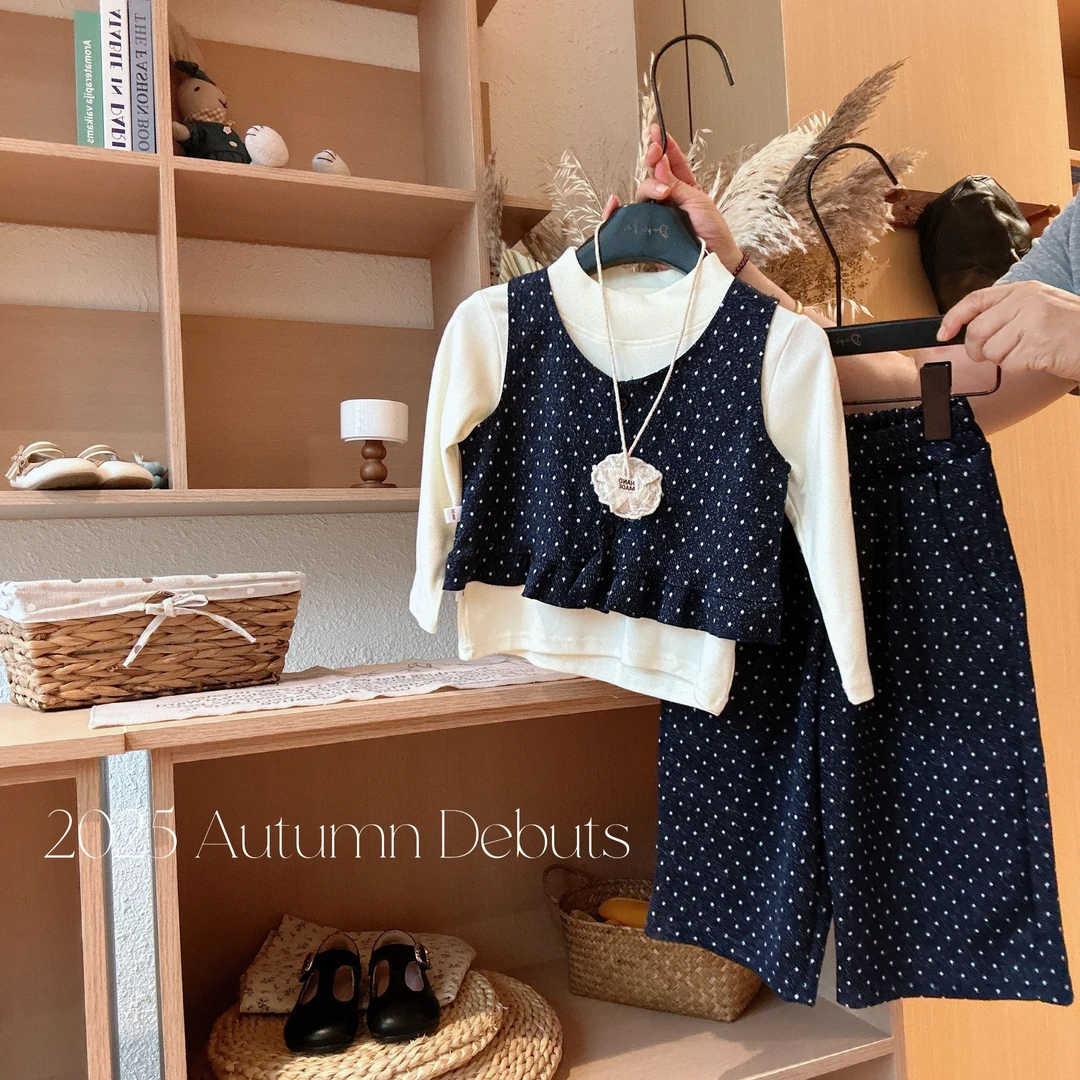 女童套装2025秋季厚款韩版波点马甲打底长裤三件可爱超萌儿童衣服