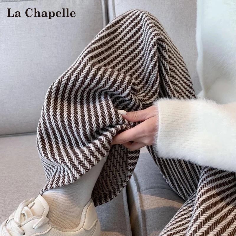 拉夏贝尔美拉德咖色糯米裤女秋冬新款加绒毛呢阔腿裤加绒条纹裤子