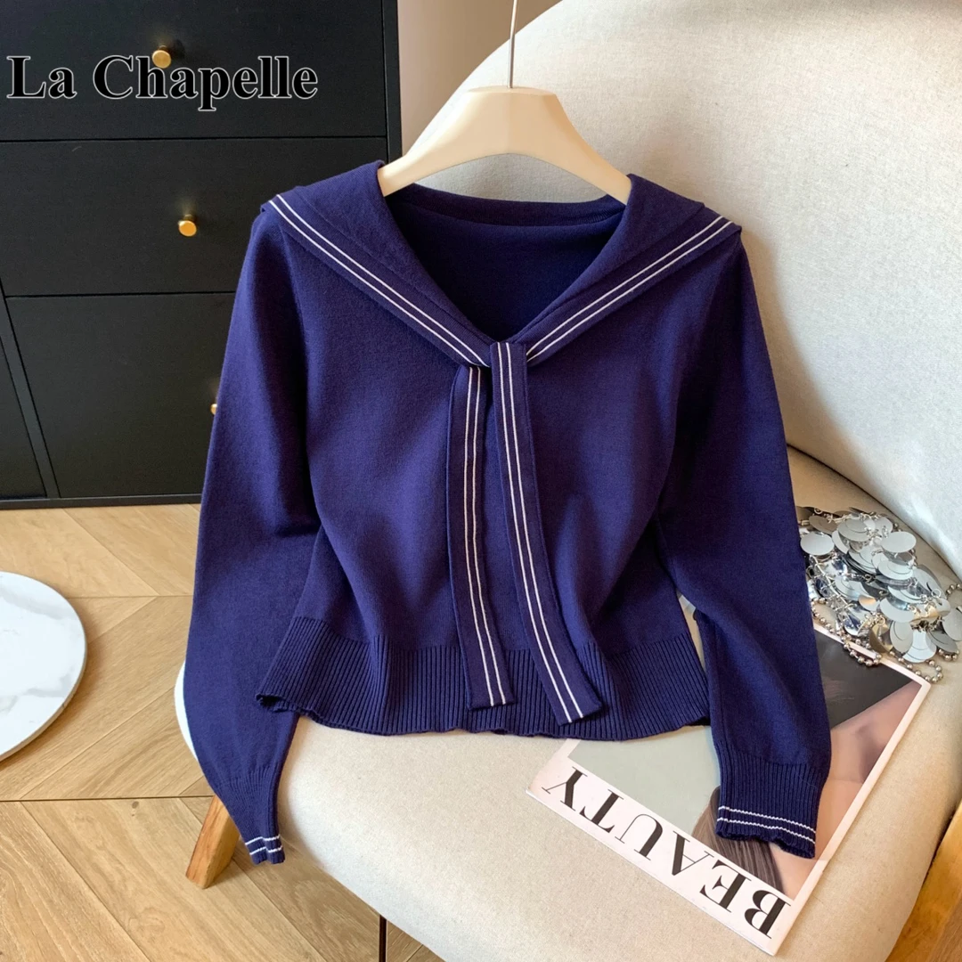 拉夏贝尔学院风海军领长袖针织衫女2025秋季新款减龄显瘦打底上衣
