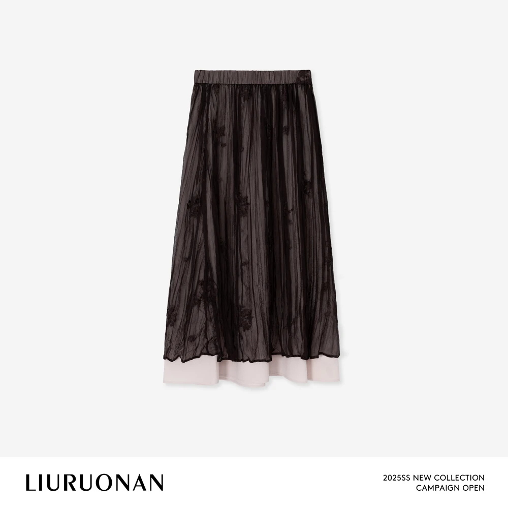 LIURUONAN 25SS【浮花绘】撞色双层蕾丝提花夏季薄款松紧腰半身裙女