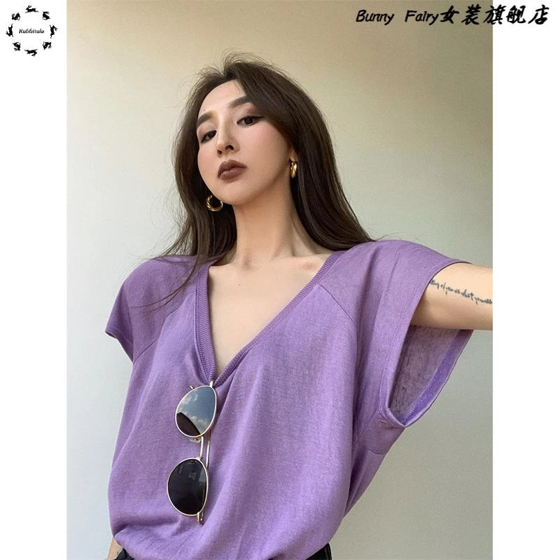 纯欲风大领口t恤女短袖2025新款辣妹小衫ins爆款宽松紫色u领上衣