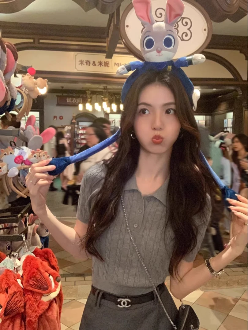 复古麻花polo领短袖针织衫女夏季独特漂亮短款修身灰色薄款上衣潮