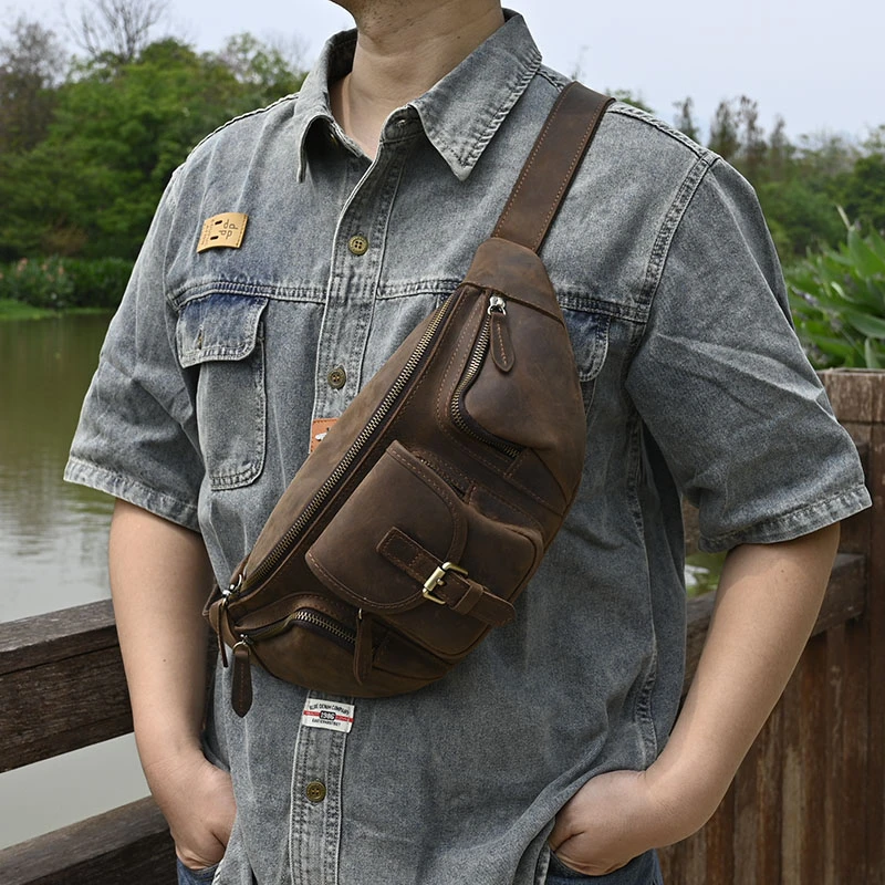 纯真牛皮头层植鞣牛皮腰包背包休闲男士包户外肩包真皮胸包斜挎包