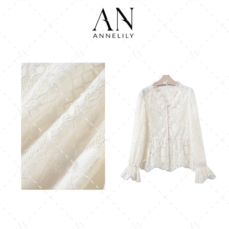 ANNELILY【小闲】秋季上新精致轻奢百搭蕾丝衬衫AC2410088