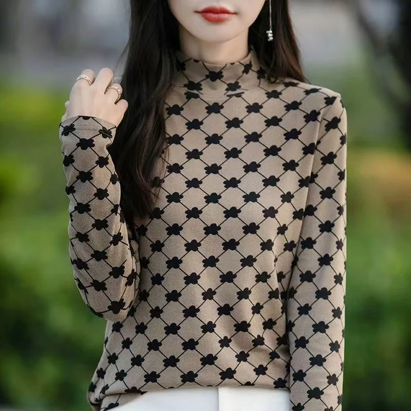 双面德绒保暖打底时尚印花女长袖内搭上衣