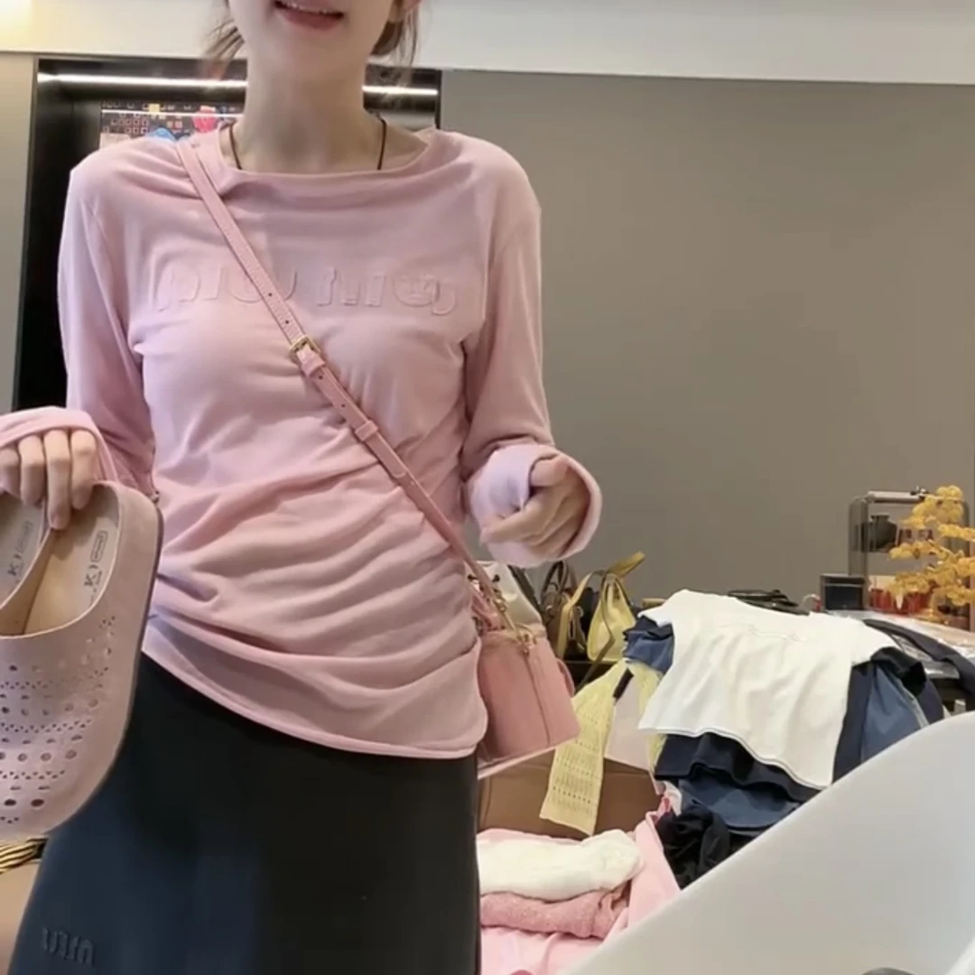 字母宽松防晒超薄型圆领慵懒风长袖T恤显瘦时尚上衣夏季纯色5119