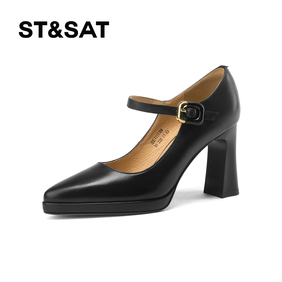 St&Sat星期六2025年新款浅口高跟鞋女一字式扣带气质增高玛丽珍鞋