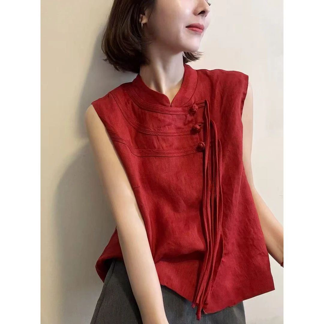 新中式国风背心女2025夏季新款时尚百搭立领盘扣无袖坎肩马甲上衣