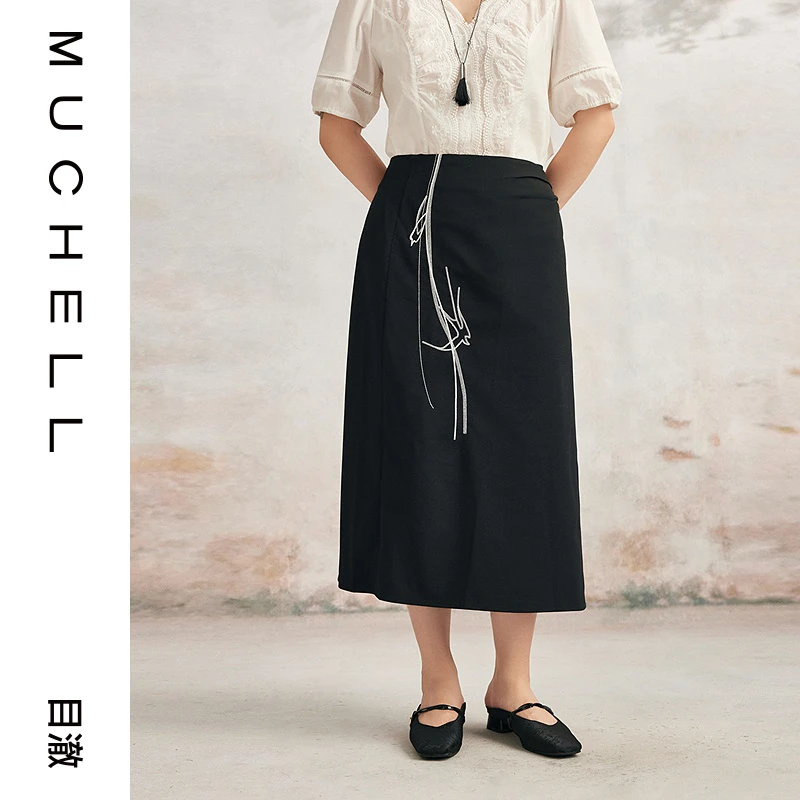 目澈MUCHELL新款【一点点晚风】大码刺绣直筒半身裙MDS3BD1015