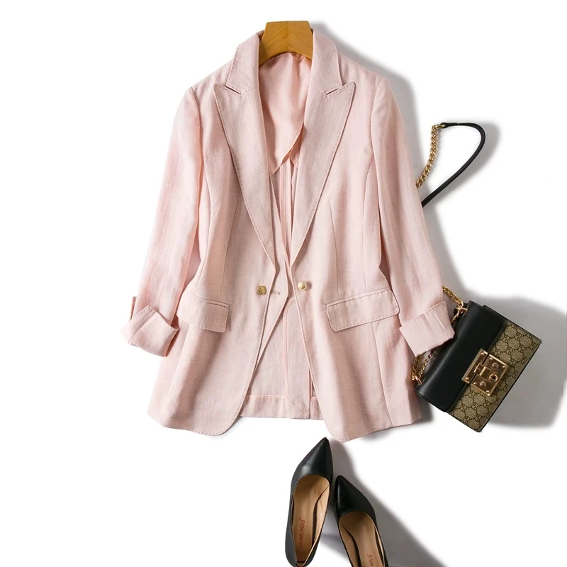 茉澜别致假两件设计显白浅粉色修身高气场枪驳领西装外套