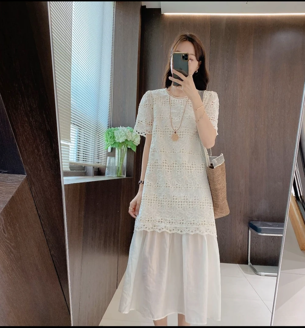 夏季新款米白色拼接镂空刺绣假两件设计感长裙