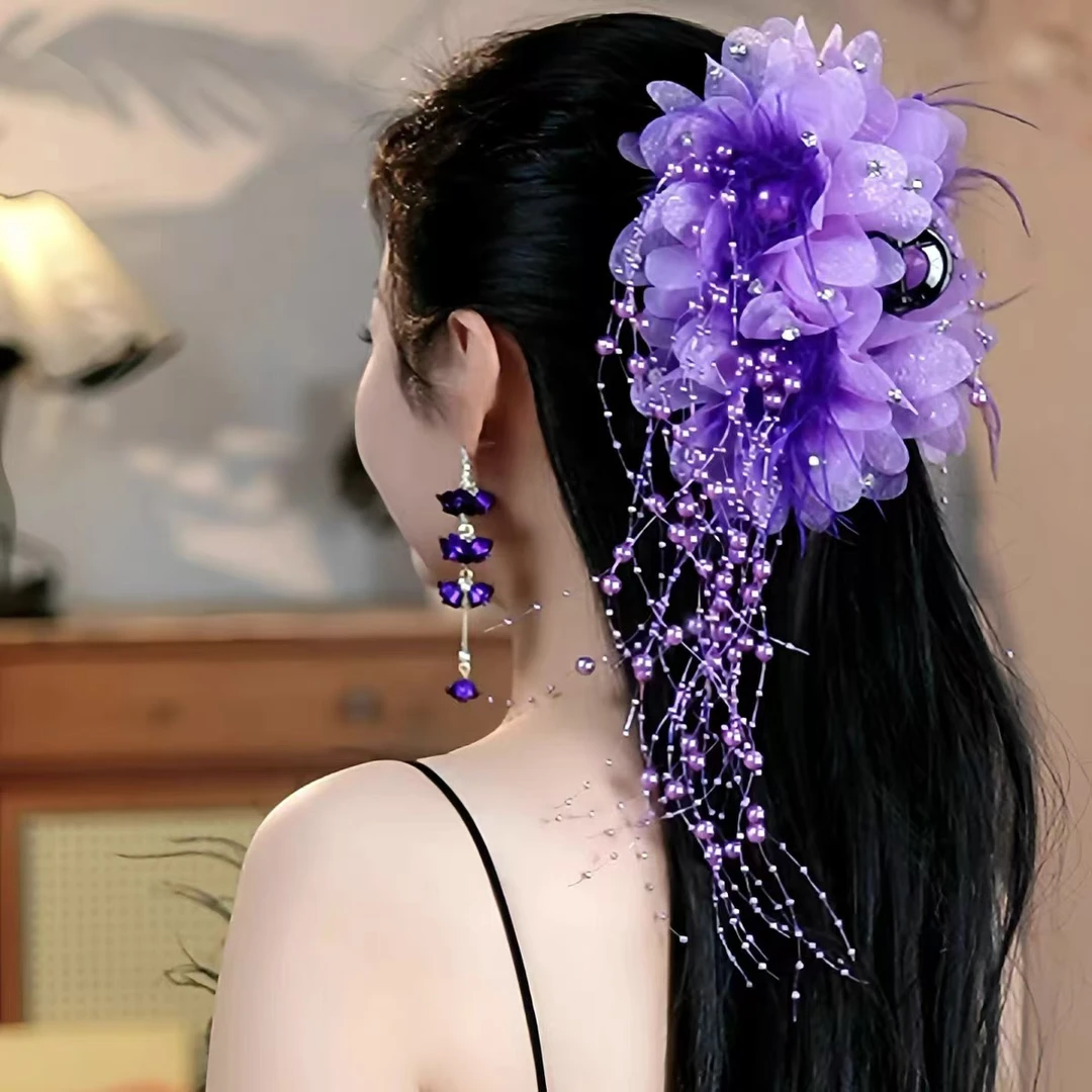 【小芳演绎2店】韩式季新款羽毛花朵抓夹鲨鱼夹复古港风头饰发夹