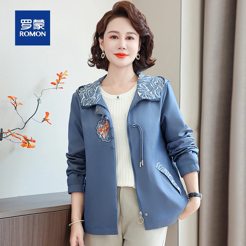 罗蒙中老年人妈妈装短外套女春秋季连帽国风洋气风衣夹克上衣服女