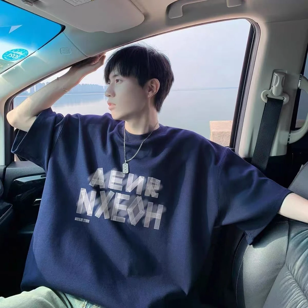 重磅260G复古藏青色潮牌美式高街vintage情侣装宽松恤潮男款式