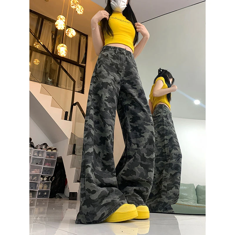 美式高街迷彩裤大码胖mm复古街头牛仔裤女高腰显瘦百搭工装阔腿裤