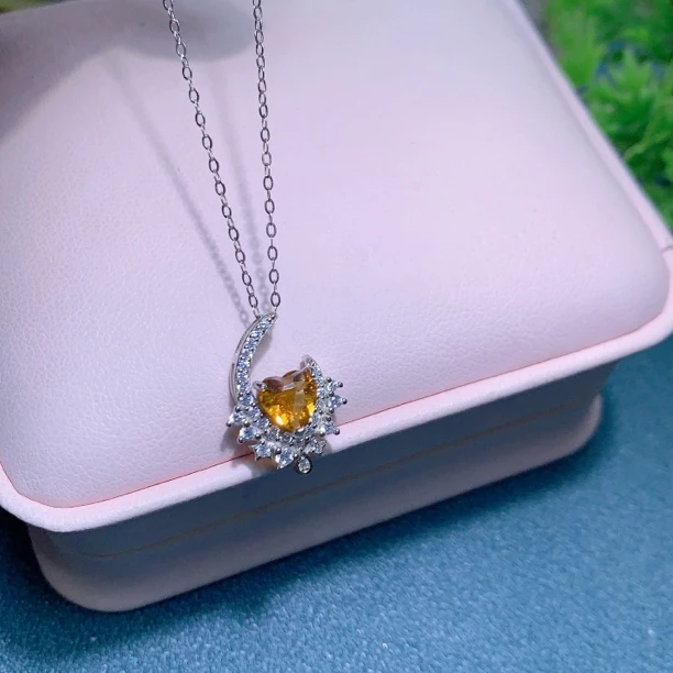 S925银天然黄水晶爱心吊坠个性甜美时尚百搭欧美简约生日礼物