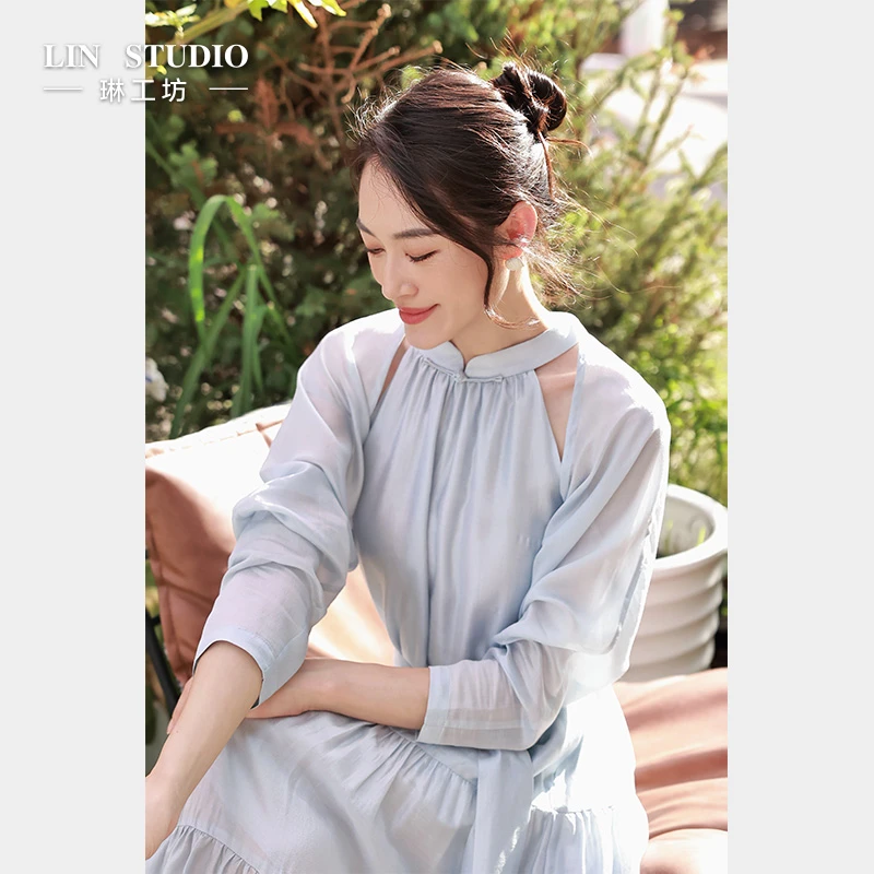 【开衫 醋酸】琳工坊“雁筝”蓝色开衫气质优雅休闲温柔唐琳设计师